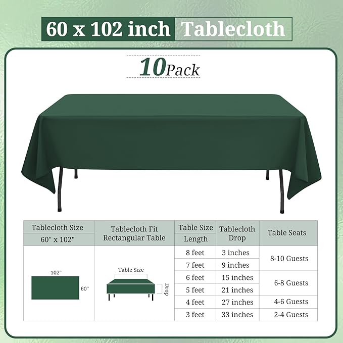 10 Pack Hunter Green Tablecloths for 6ft Rectangle Tables 60 x 102 Inch - Polyester Table Cover Stain and Wrinkle Resistant Washable Fabric Table Clothes for Wedding Party Banquet Reception Restaurant