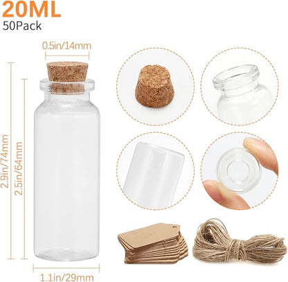 50 Pcs 20ml Mini Glass Bottles with Cork Stoppers, 29x64mm DIY Decoration Tiny Glass Jars, Mini Vials Cork, Message Wishing Bottle with Label Tags and String for Arts Crafts, Decoration, Party Favors