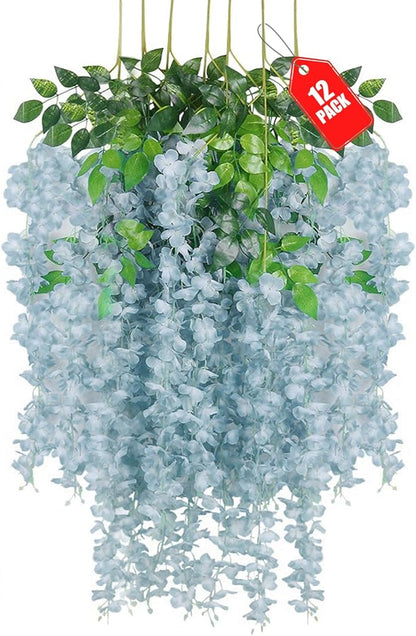 12 Pack Grey Wisteria Hanging Flowers, 3.44 Ft Fake Hanging Flowers, Artificial Wisteria Garland Vines for Wedding Room Backdrop Outdoor Patio Garden Decoration