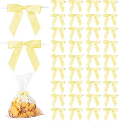 50Pcs Yellow Twist Tie Bows for Gift Wrapping 2.5" Satin Ribbon Bow for Treat Bags Cake Balloons Birthday Party Favors Wedding Decorations