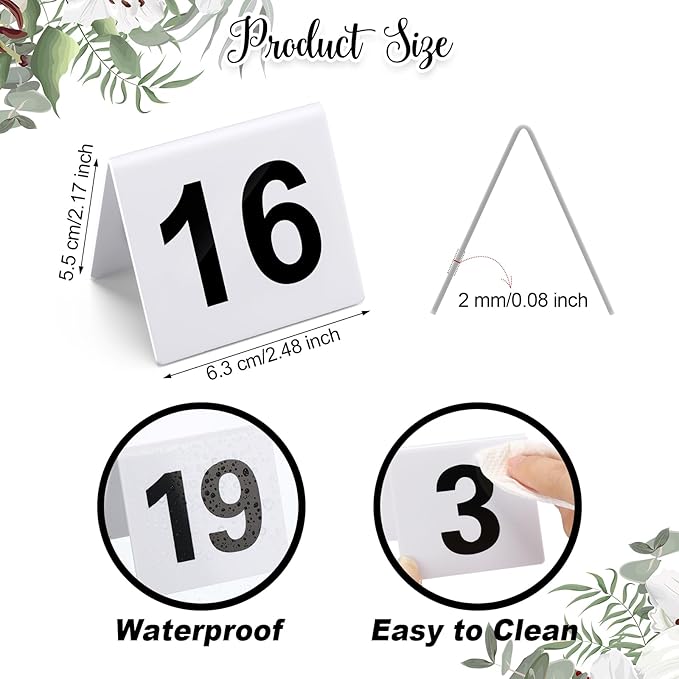 Tuanse Table Numbers 1-25 Acrylic Double Side Numbered Table Tents Plastic Restaurant Wedding Numbers Cards Signs for Party Banquets Wedding Reception(White, Black)