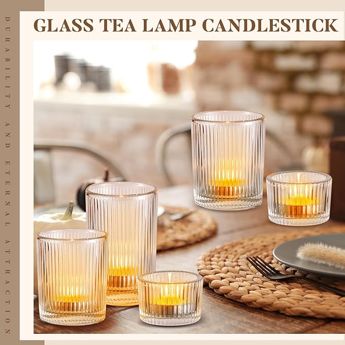 Mumufy 48 Pcs Assorted Votive Candle Holders Ribbed Glass Tealight Candle Holder Bulk for Table Centerpiece, Baby Shower, Home and Wedding Party Decoration (Clear)
