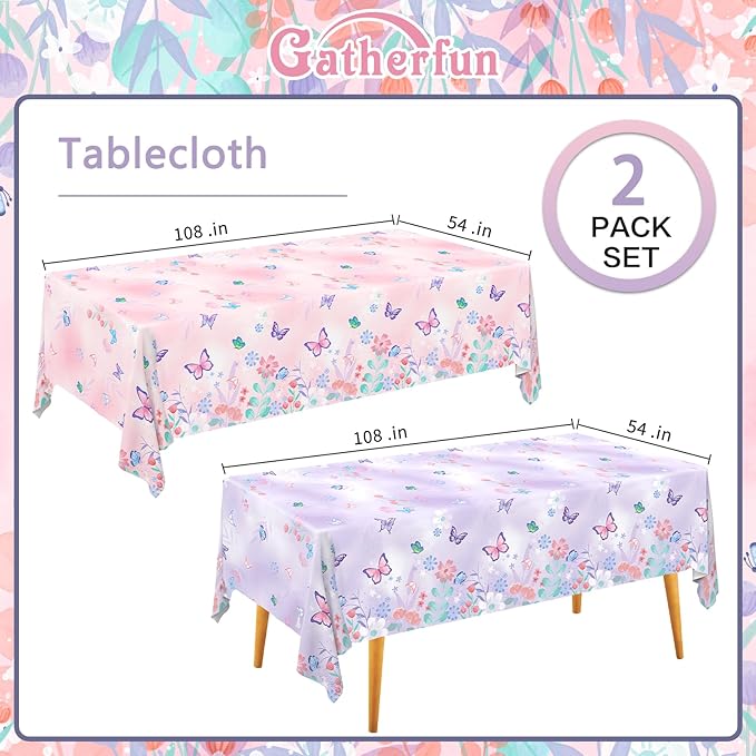 Gatherfun Butterfly Birthday Party Supplies: Butterfly Decorations with 2 PCS Disposable Plastic Tablecloths, for Kid's Birthday Party Decorations, Size 54”x 108