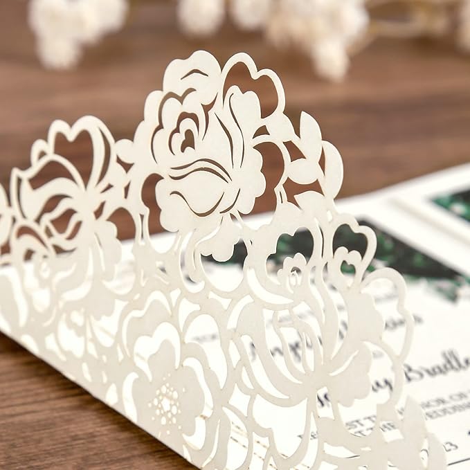 DORIS HOME 50pcs Laser Cut Wedding Invitations with Envelopes and RSVP Cards Green and Ivory White, 4.7x7.1 Personalized Invitation Cards for Wedding, Anniversary Invitations with Envelopes
