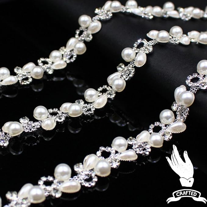 1 Yard Pearl Chain Silver Rhinestone Trim String Crystal Applique Fringe Ribbon Strips Beads Sewing Dress DIY Party Wedding Bouquet for Decoration Bridal Costume Embellishment