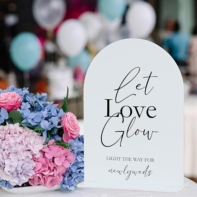 Acrylic Let Love Glow Sign with Stand- 5"x7" White Arched Wedding Sign and Base,1/8" Thick | Modern Calligraphy Black Lettering Arch Acrylic Sign for Wedding Reception & Party(5x7Inch, White)