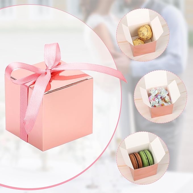 EUSOAR Candy Boxes Party Favors, 120pcs 2x2x2 Inches Mini Boxes Candy Box with Ribbons, Square Bakery Cookies Box Paper Chocolate Containers for Wedding Anniversary Bridal Party Favor Decoration