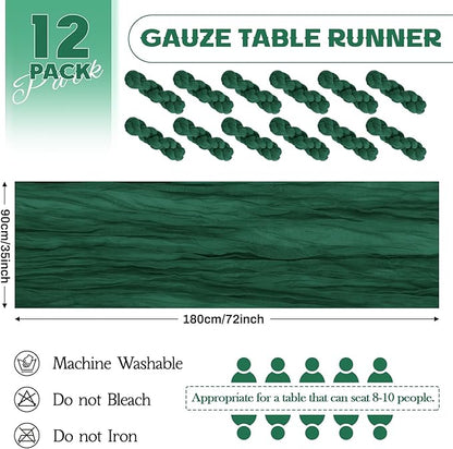 Aktor 12 Pack Emerald Green Table Runner Boho Cheesecloth Table Runner Semi Sheer Gauze Fabric Runners for Wedding Birthday Baby Shower Party Boho Table Decoration（Emerald Green）