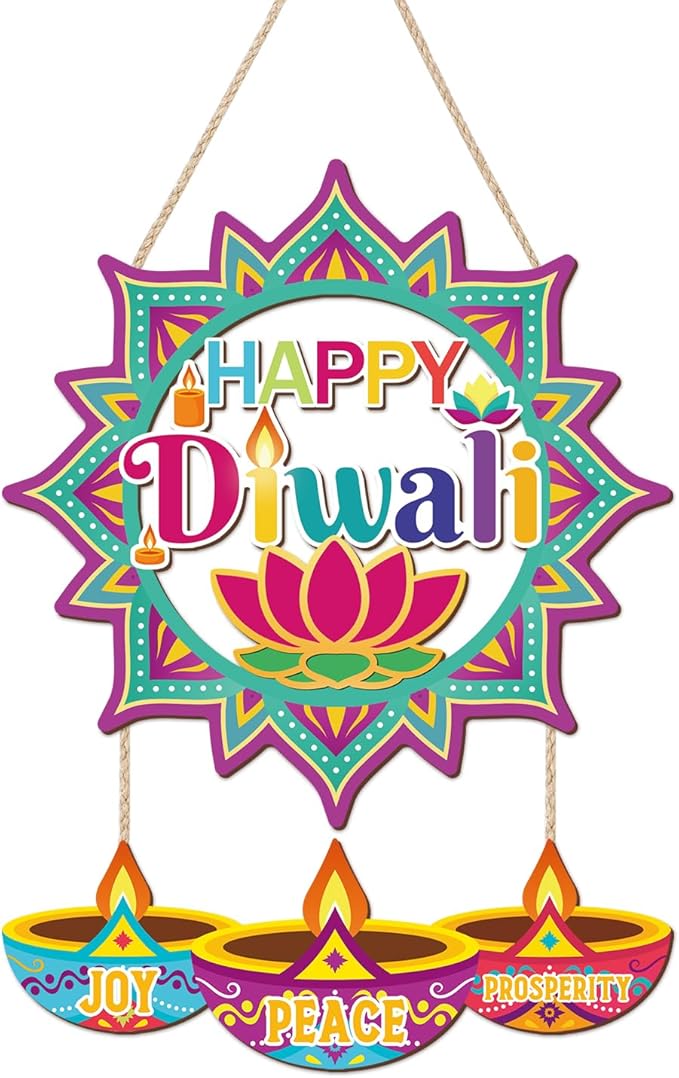CHDITB Happy Diwali Front Door Sign Wreath(15"x11"), Wooden Lotus Rangoli Diyas Indian Festival of Lights Decoration Wall Hanging, Colorful Deepavali Themed Hanger Decor for Porch Home Office Party
