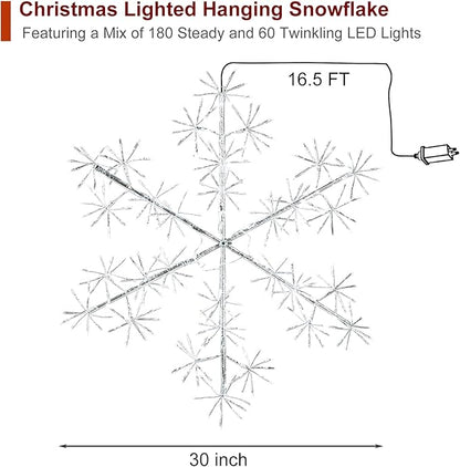 30’’ Christmas Snowflake Lights Outdoor, Pre-lit 240Pcs Cool White LEDs Hanging Silver Snowflake Decoration for Home Indoor Outdoor Window Silhouette