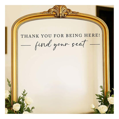 Seating Chart Sign, Wedding Mirror Decal, Thank You for Being Here Find Your Seat, Wedding Seating Chart Header Vinyl Decal, Your Seat Awaits Wedding Sign Decal, Mirror Sticker for Seating (Black, Wide 20")