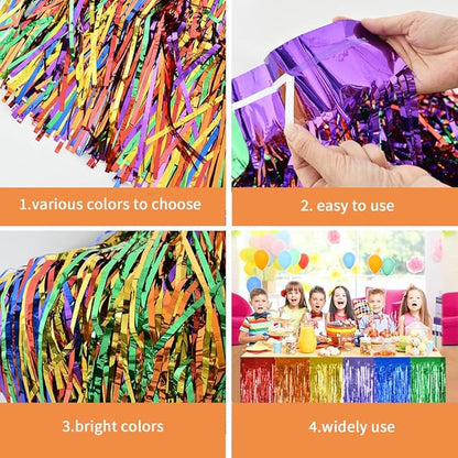 BEISHIDA 2 Pack Metallic Tinsel Foil Fringe Table Skirts for Rectangle & Round Tables Hot Pink Kids' Birthday, Holiday Cartoon Party Decorations for Birthday Valentines Baby Shower Festive Events