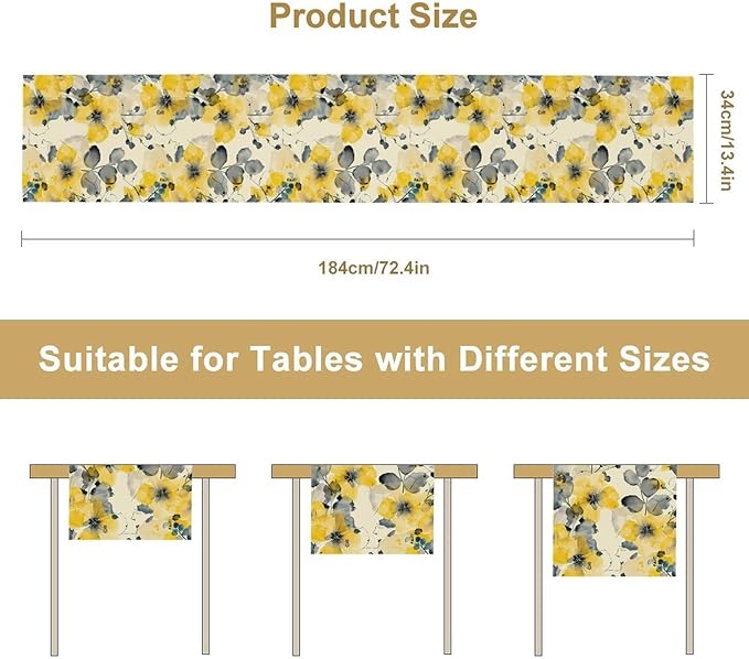 Floral Table Runner,Yellow Flowers Spring Print Table Cloth Kitchen Dining Table Home Party Decoration 13x90 Inch