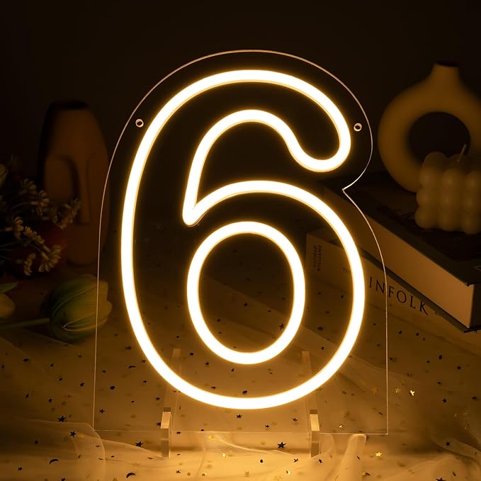 Number 6 LED Neon Sign Backdrop Birthday Party Decoration, 11.3" 11.3" Height Warm White Marquee Six Numbers Light Up Sign for Wedding Anniversary Window Wall Table, Indoor Battery Operated or USB