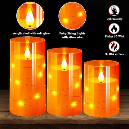 NURADA Flameless Candles with Remote Timers: Built-in Star String Lights 3D Wick Battery Operated Flickering LED Electric Candles for Halloween Thanksgiving Dinner Tables Fall Home Decor Orange 3 Pack