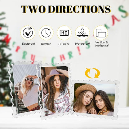 3 Pack Acrylic Picture Frames 4x6 Scalloped with Detachable Brackets, Vertical and Horizontal Tabletop Display, Clear Magnetic Photo Frames for Home/Family/Party/Wedding