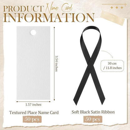 50 Pcs Name Place Cards for Table Setting Blank Wedding Place Cards with Satin Ribbon 1.57 x 3.54 Inch Hanging Gift Tags for Wedding Dinner Banquet Party Table Setting Supplies (Black)