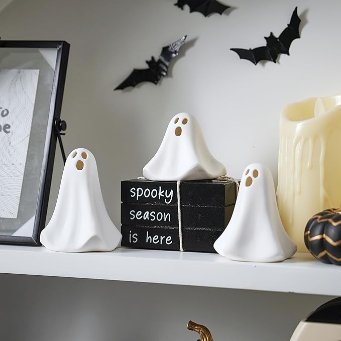 Ceramic Ghost Decor, 3Pcs Light Up Ghosts for Indoor Halloween Decorations, Battery Powered White Mini Ghost Figurines with LED for Spooky Halloween, Home Tabletop Shelf Centerpieces