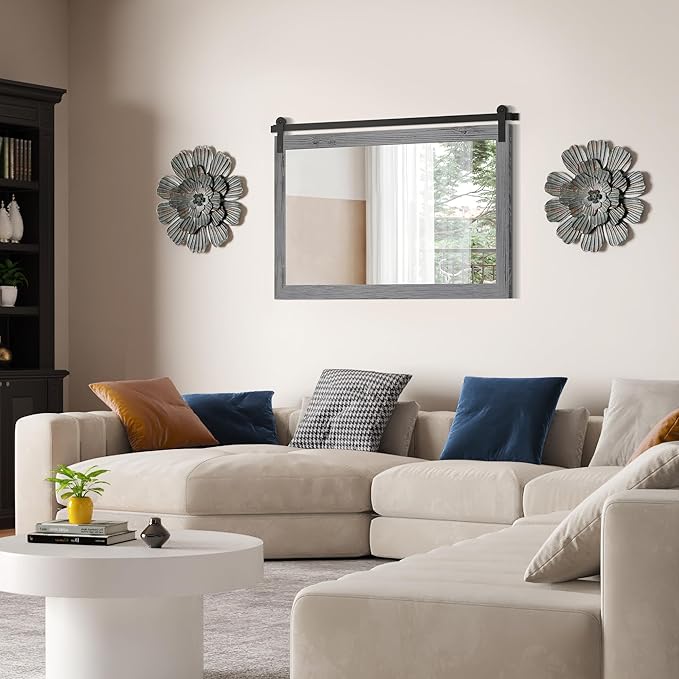 COGOOD Farmhouse Bathroom Mirror - 45 x 30 Rustic Wood Framed Wall Barn Door Mirror for Entryway, Living Room, Entryway Wall Decor (Grey)