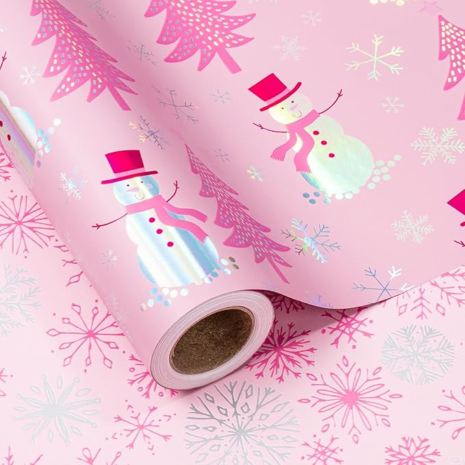 LeZakaa Christmas Pink Wrapping Paper Mini Roll, Snowman Christmas Tree & Snowflake Metallic Foil, Rose Gold Foil Reversible Design for Festive Winter Holiday, Family Gathering, 17 inches x 32.8 Feet