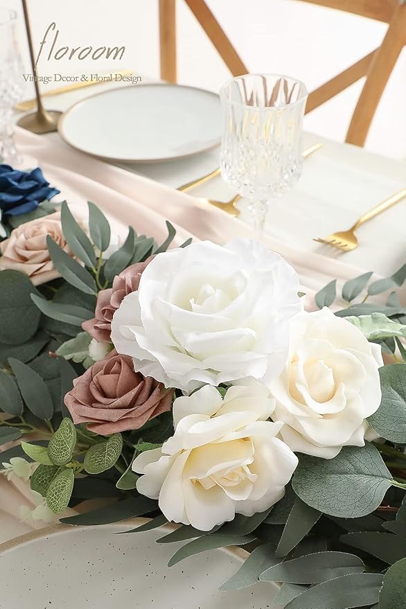 Floroom 6ft Artificial Eucalyptus Garland with Flowers Fake Greenery Faux Floral Vine Garland for Table Decor Wedding Centerpieces Bridal Shower Party Decorations, Dusty Rose & Navy