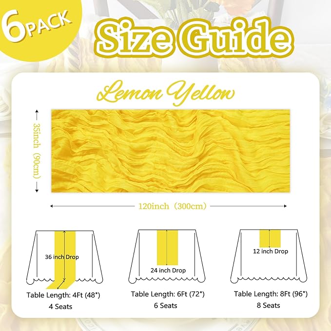 6 Pack Lemon Yellow Fall Table Runner 10ft Boho Gauze Fabric Cheesecloth Thanksgiving Table Runner 35 x 120 Inch Rustic Sheer Runner for Wedding Decor Baby Shower Party Table Centerpiece Decorations
