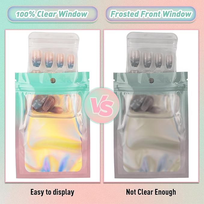Funfery 100 Pack Gradient Holographic Bags,Mylar Resealable Bags with Zipper,Clear Window Packaging Pouchs,Foil Smell Proof Bag for Food Storage,Sample Jewelry Baggies(4×6In,Green Pink)