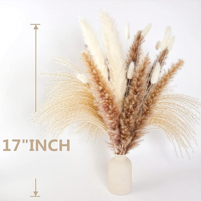 Natural Dried Pampas Grass Decor, 100 PCS Pampas Grass Contains White Bunny Tails Dried Flowers, Reed Grass Bouquet for Wedding Boho Flowers Home Table Decor, Rustic Farmhouse Party (17”)