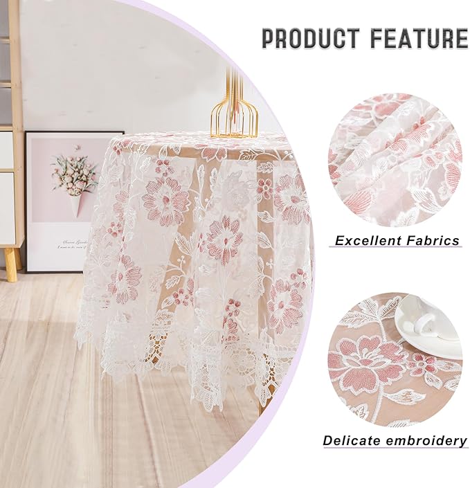 Round Embroidered Lace Tablecloth Vintage Decorative Exquisite Border Table Cover for Party Wedding Home Decorations, Round-35, White