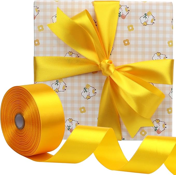 Yellow Solid Satin Ribbon 1-1/2 Inch 50 Yards Solid Polyester Fabric Ribbon for Gift Wrapping Wedding Christmas Baby Shower Birthday Party Decoration Handmade Immortal Flower Craft