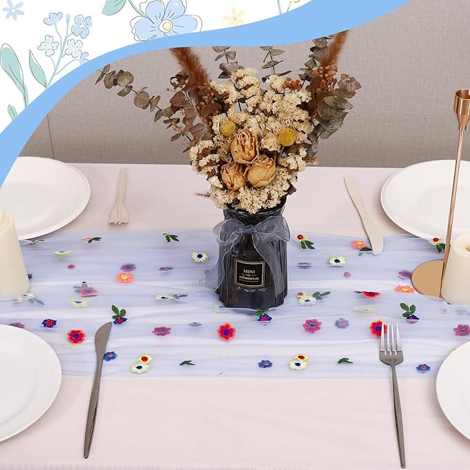 Blue Floral Table Runner 10 FT, Embroidery Daisy Table Runners Seasonal Sheer Tulle Table Runner for Thanksgiving Wedding Birthday Baby Shower Party ﻿