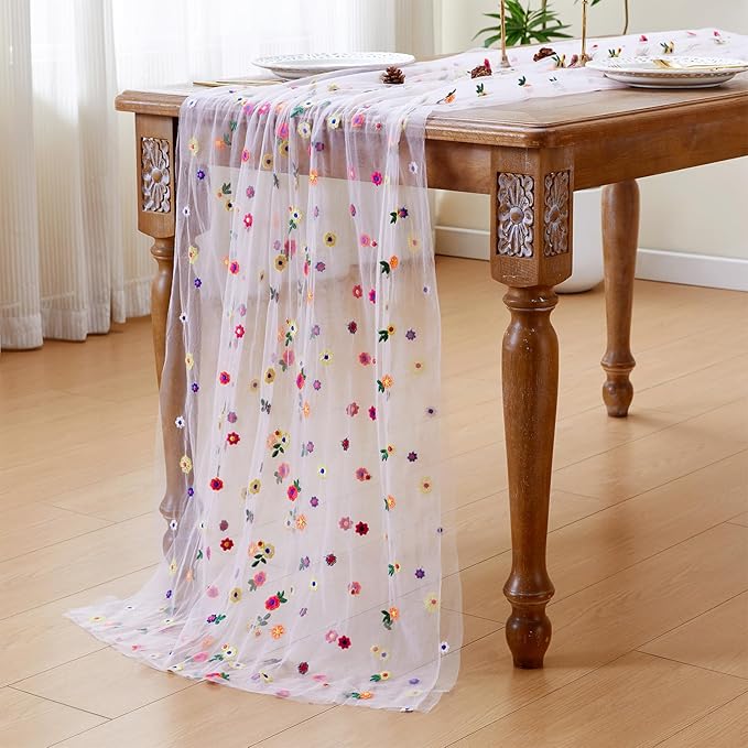 JIALE Pink Floral Table Runner, Embroidery Daisy Seasonal Table Decorations, 120Inch 10FT Tulle Fabric for Home Decor, Bridal Shower Wedding, Baby Shower Parties, DIY Craft