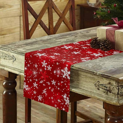 Christmas Snowflakes Cotton Linen Table Runner for Dining Kitchen, Red Xmas Winter Snow Wedding Outdoor Party Tablerunners Decoration, New Year Dresser Scarf Coffee Tablecloth Runners 13x70 Inches