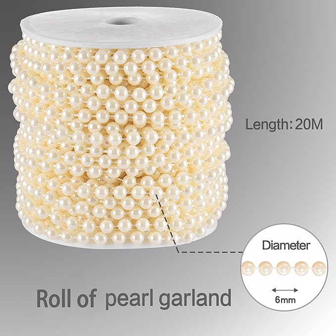 Craft String Pearls 6MM Pearl Bead, 66 Feet Ivory Faux Pearl Garland Spool Roll Strand Wedding Party Decoration, Christmas Tree Decorations