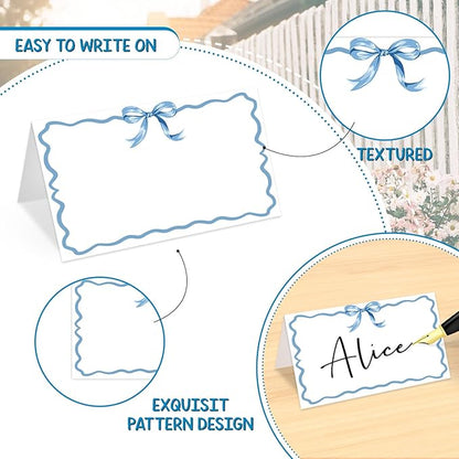 25 Pcs Blue Bow Place Cards, Blank Tent Name Cards for Food Buffet, Dinner Party, Wedding Reception, Bridal Shower Table Setting -08