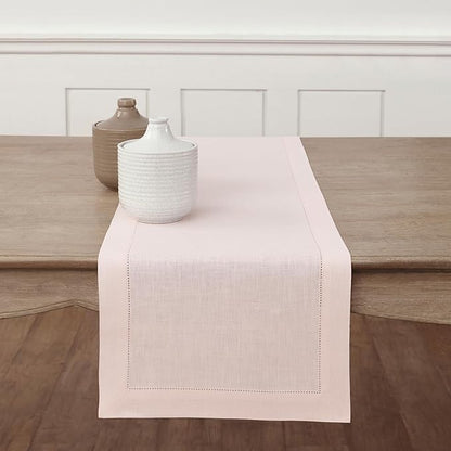 Solino Home Linen Pink Table Runner 72 Inches Long - 100% Pure Linen Hemstitch Table Runner 14 x 72 Inch for Dresser, Dining and Halloween - Classic Hemstitch