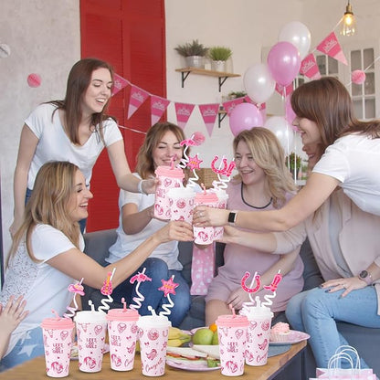 Yungyan 36 Sets Pink Cowgirl Party Favors Goodie Cups with Lids and Straws for Halloween Party Decorations Reusable 16oz Plastic Candy Cups Plastic Straws for Birthday Gift(Pink Cowgirl)
