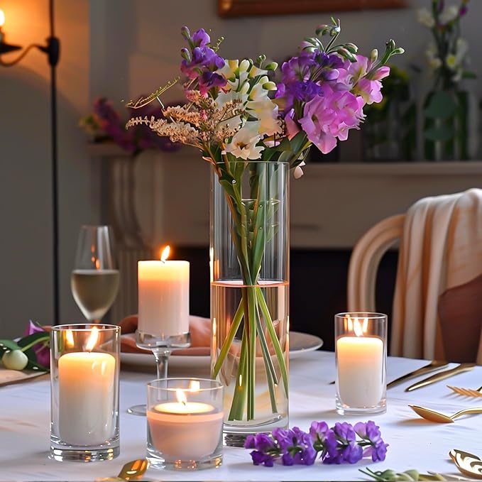 12Pcs Glass Cylinder Vases 12 Inch Tall Clear Flower Vases for Centerpieces Wedding Decoration, Hurricane Floating Candle Holder for Party Table Home Decor