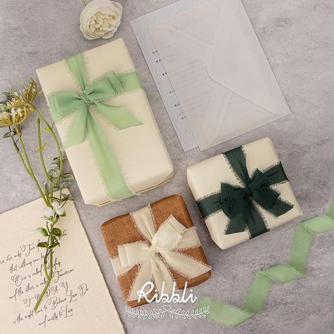 Ribbli Green Ribbon 1 Inch x 3 Rolls Total 24 Yards Ivory/Sage/Forest Green Handmade Fringe Chiffon Silk Ribbon for Wrapping Wedding Invitations Bridal Bouquets DIY Crafts Home Decor