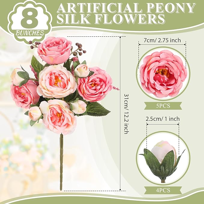 8 Bundles Artificial Peonies Flowers Boho Faux Flowers Arrangements Artificial Centerpiece Spring Bouquet Floral Wedding Decoration for Vase(Pink Color)