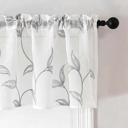 VISIONTEX Sheer Voile Curtain Valances, Decorative Leaves Embroidered, Rod Pocket Window Treatment for Kitchen/Rustic Bedroom/Living Room (54 x 16 Inch,1 Panel)