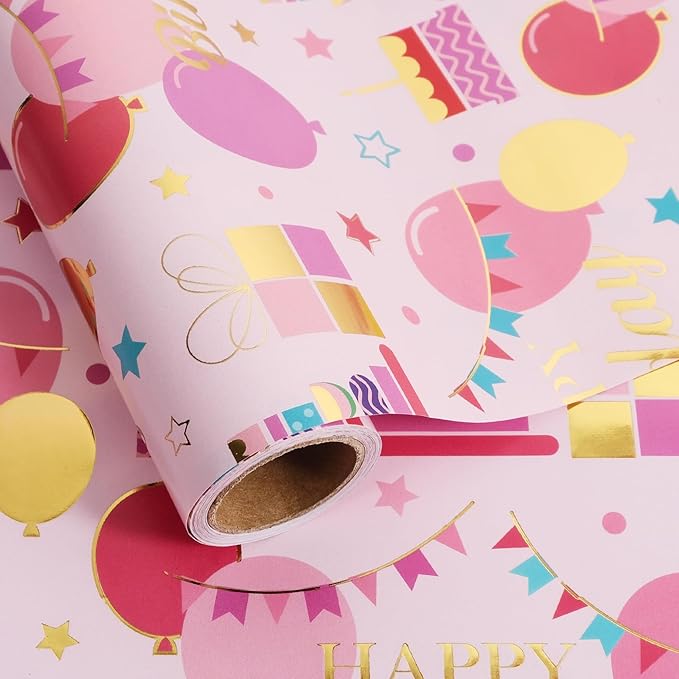 Aimyoo Pink Birthday Wrapping Paper Roll - 17 Inch X 16.4 Feet - Gold Foil Celebration Cake, Balloon, Happy Birthday Lettering Design Gift Wrap for Kids, Baby Showers