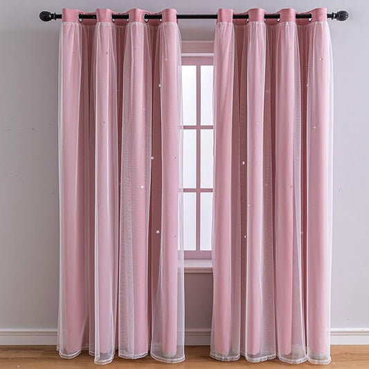 FANLI 2 Panels Star Blackout Curtains for Kid Girls Bedroom Living Room Darking Stripe Double Layer Star Cut Out Wall Home Decor Gradient Grommet Window Curtains (Pink 63L)