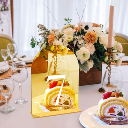JOYIT Arch Wedding Table Numbers 1-40 with Stands – 5" X 7" Acrylic Mirrored Gold Table Number Holders, Perfect for Wedding Receptions, Parties, Anniversaries, and Events