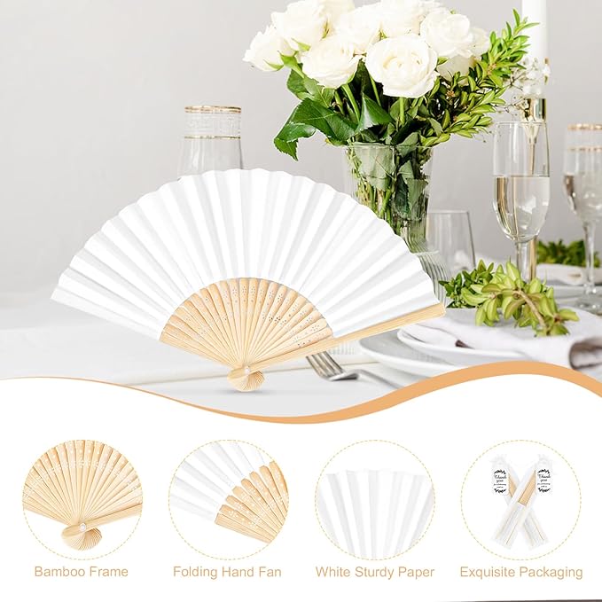 50Set Wedding Hand Fans Party Favors White Paper Folding Handheld Fans Bulk, DIY Bamboo Fans with Thank Tag Organza Bag for Guests Bridal Dancing Props Church Decoation