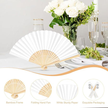 50Set Wedding Hand Fans Party Favors White Paper Folding Handheld Fans Bulk, DIY Bamboo Fans with Thank Tag Organza Bag for Guests Bridal Dancing Props Church Decoation