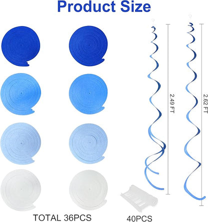 36 Pcs Blue Hanging Swirl Decorations Ombre Royal Blue White Felt Swirl Streamer Spiral Ceiling Garland for Birthday Wedding Baby Shower Graduation Under The Sea Nautical Ahoy Achor Party Supplies