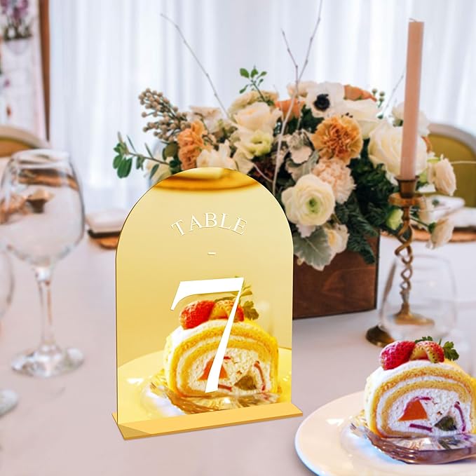 JOYIT Arch Wedding Table Numbers 1-10 with Stands – 5" X 7" Acrylic Mirrored Gold Table Number Holders, Perfect for Wedding Receptions, Parties, Anniversaries, and Events