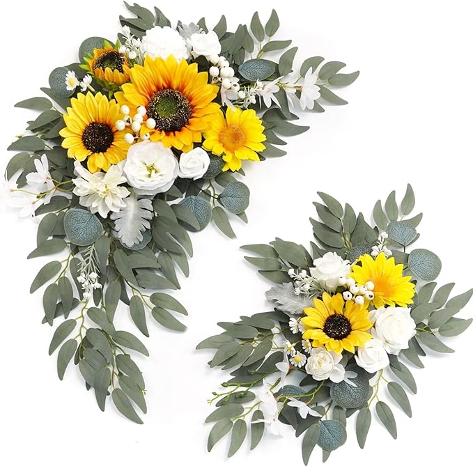 Faux Flower Swag Set of 2 for Wedding Welcome Signs Floral Swag Wedding Reception Ceremony Signs Decor (Sunflower & White)