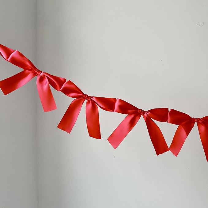 Pre-Assembled Red Bow Garland | Double Side Satin Silk Bow Banner 6FT+ 3ft Extend Ribbon for Coquette Birthday Bridal Shower & Bachelorette Party,Read to Hanging (Red, 6ft)